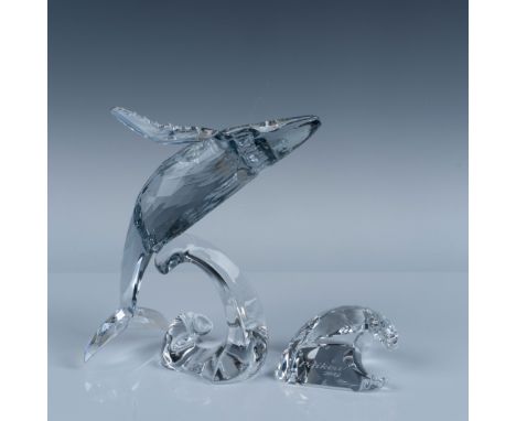 Spectacular Swarovski Collectors Society clear cut crystal figure of a humpback whale on its back on a wave. Includes its Wav