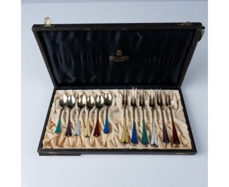Set of 6 David Andersen sterling silver demitasse spoons, each measuring 4"L, and 6 matching dessert forks, each measuring 5.