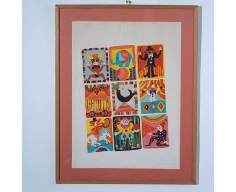 A whimsical original color lithograph on embossed paper by renowned painter and printmaker Judith Bledsoe, celebrated for her