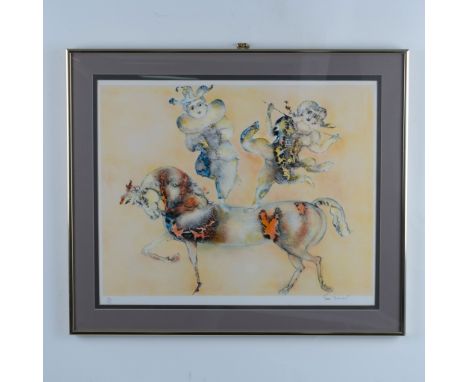 This original color lithograph by multimedia artist Satki Burman blends artistic techniques from his native India and from Fr