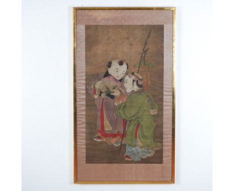 A finely executed Chinese painting on linen paper from the Qing Dynasty, depicting two young children with a pomegranate in a