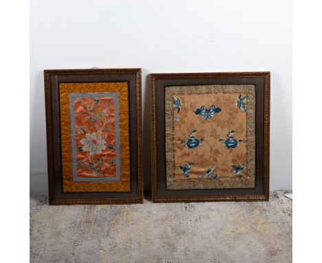 These exquisite silk embroidery panels feature intricate floral designs meticulously crafted on a luminous orange silk fabric