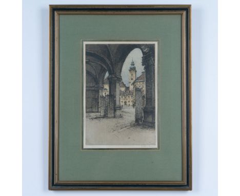 An original vintage framed color etching on paper by Austrian artist Josef Eidenberger, titled on lower right: Wien Schottenk