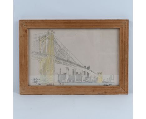 An original partially colored lithograph on paper by Richard Welling, showcasing his meticulous depiction of the Brooklyn Bri