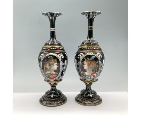 A magnificent pair of 19th-century French enamel on brass vases, each displaying intricate craftsmanship and stunning decorat