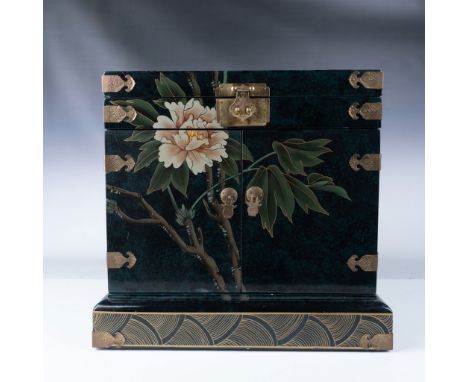Beautiful hand-painted enamel jewelry chest, likely from China, adorned with detailed peony flowers and two perched birds on 