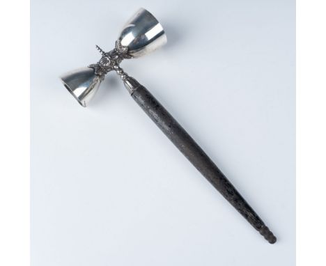 A vintage silver-tone and ebony jigger measuring tool featuring an elegant double-sided design. This finely crafted piece hig