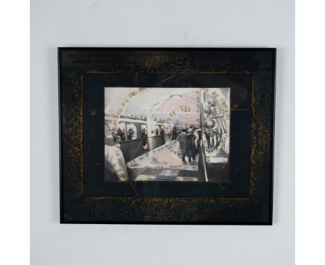 This framed mixed media artwork by Valery Cherkashin depicts a surreal representation of the Moscow Metro, blending photograp