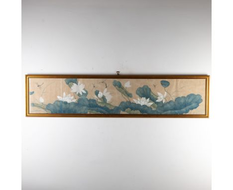 This is a delicate and serene Chinese panoramic watercolor and ink  painting on paper featuring a botanical scene of blooming