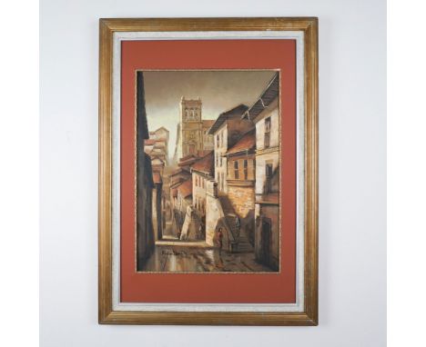 A stunning framed oil painting by Santos Leina, dated 1995, capturing a tranquil urban street scene with remarkable attention