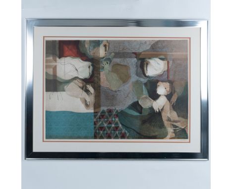 Maternity is a striking original color lithograph on embossed paper by renowned Spanish Modernist artist Sunol Alvar. A celeb