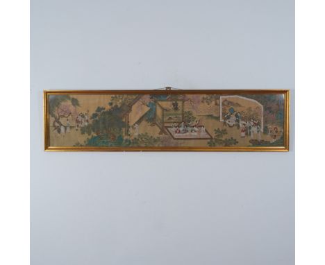 An elegant Chinese hand-embroidered silk panel, meticulously crafted to depict scenes of courtly life and cultural refinement