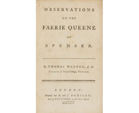 Warton (Thomas) Observations on the Faerie Queene of Spenser, first edition, occasional spotting, tiny marginal worm damage, 