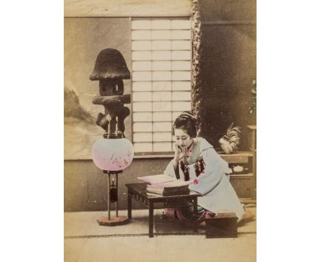 Japan.-  Photograph Album, 50 hand-tinted Albumen prints, comprising views of cherry gardens, temples, tea drinking, geisha, 