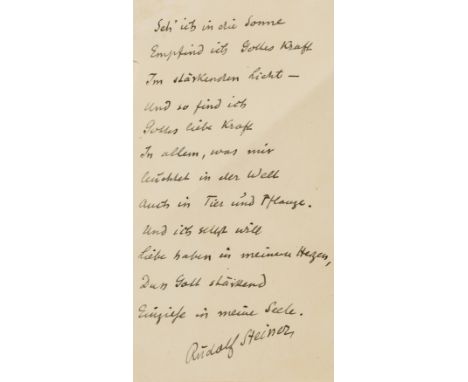 Steiner (Rudolf) Autograph manuscript 'meditation', 1p. in German comprising 12 lines, signed at foot, tipped onto a single l