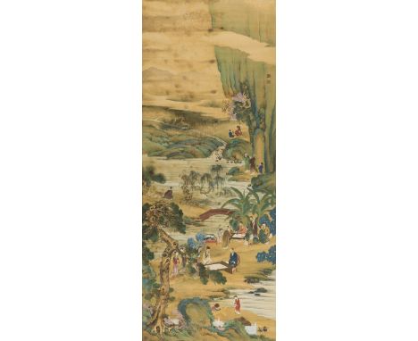 Chinese scroll.- watercolour gouache on linen, mounted on silk, some staining and tears to silk backing, [20th century]. 