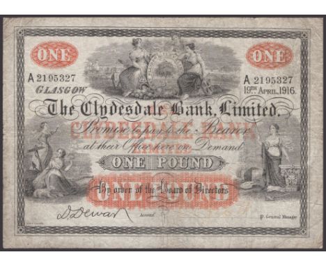 Clydesdale Bank Limited, £1, 19 April 1916, serial number A2195327, Dewar signature and an additional manuscript signature, f