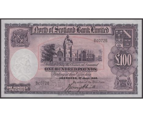 North of Scotland Bank Limited, £100, 1 July 1940, serial number BC 0726, some light handling and light folds otherwise a fre