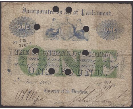 Union Bank of Scotland, £1, 2 January 1865, serial number 439/370, two manuscript signatures, green and blue print, eight can