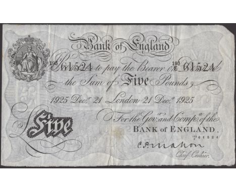 Bank of England, Cyril P. Mahon, £5, London, 21 December 1925, serial number 193/E 61524, light stain at low centre, original