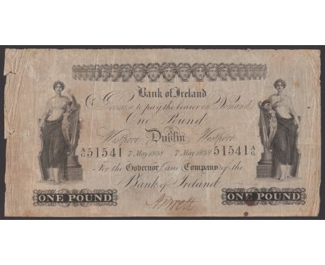 Bank of Ireland, £1, Dublin and Westport, 7 May 1838, serial number A/G 51541, manuscript signature at low centre, pinholes, 