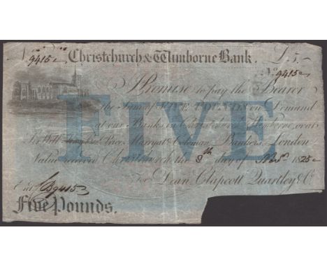 Christchurch & Wimborne Bank, for Dean, Clapcott, Quartley & Co, cancelled £5, 8 November 1825, serial number 9415, signature