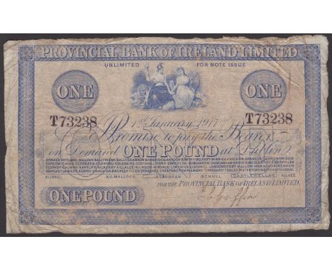 Provincial Bank of Ireland Ltd, £1, 1 January 1917, serial number T73238, manuscript signature at low right, a presentable fi