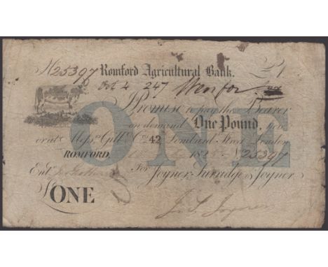 Romford Agricultural Bank, for Joyner, Surridge and Joyner, £1, 18 February 1825, serial number 25397, blue colour protector 