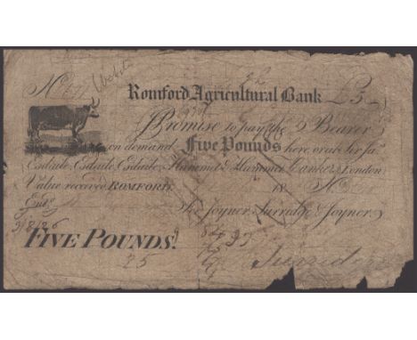 Romford Agricultural Bank, for Joyner, Surridge and Joyner, £5, 10 February 1824, serial number 6671, manuscript signature of
