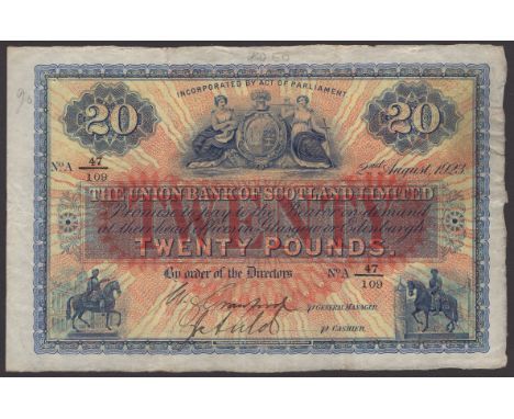 Union Bank of Scotland, £20, 2 August 1923, serial number 47/109, two manuscript signatures, pencil annotations in margins, o