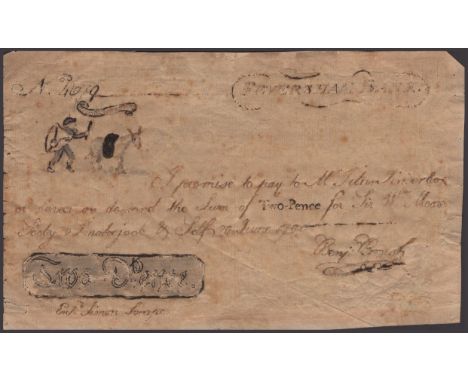 Feversham Bank, for Sir Wm Moore, Sooty, Smokejack, & Self, an embroidered copy of a skit note for 2 Pence, 20 June 1790, ser
