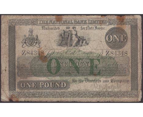 The National Bank Limited, £1, 1 October 1913, serial number Z84348, green value protector at centre, manuscript signature at