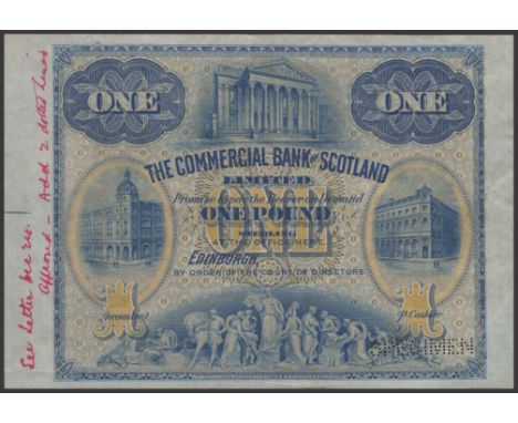 Commercial Bank of Scotland Limited, officially approved proof for the £1 of 1909-1923, no serial number or signatures, perfo