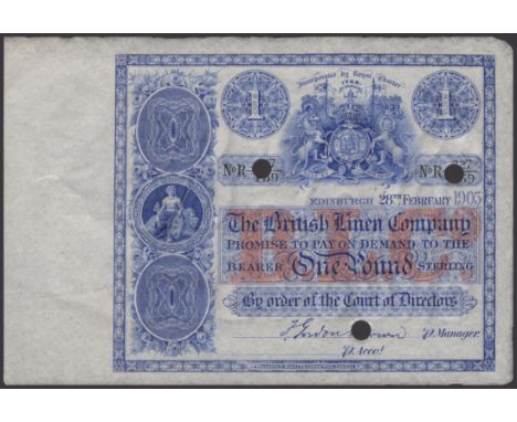 British Linen Company, specimen £1, 28 February 1905, serial number R227/159, Gordon Brown signature, three cancellation hole
