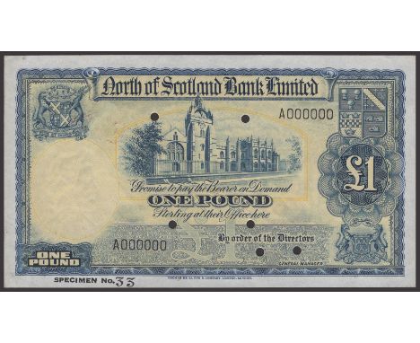 North of Scotland Bank Limited, specimen £1, ND (1938), serial number A000000, no signature, six tiny cancellation holes, red