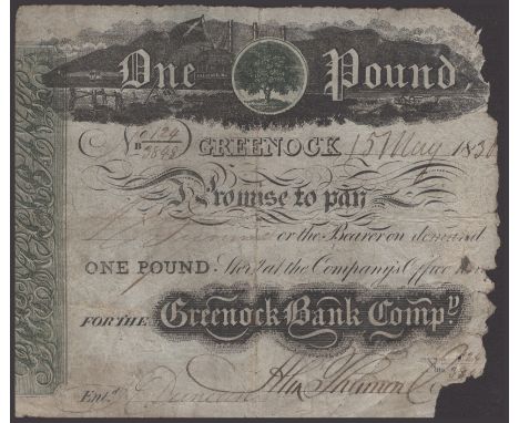 Greenock Bank Company, £1, 15 May 1830, serial number 124/3848, manuscript signatures, Green oak vignette and a delightful vi