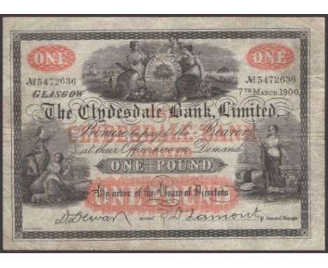 Clydesdale Bank Limited, £1, 7 March 1900, serial number 5472636, Dewar and one other manuscript signature, original paper, g