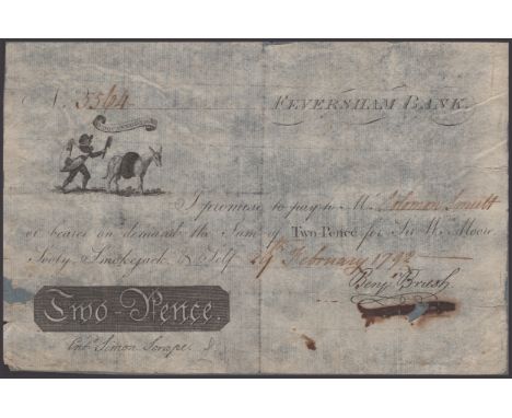Feversham Bank, for Sir Wm Moore, Sooty, Smokejack, & Self, 2 Pence, 29 February 1792, serial number 5564, signatures of Simo