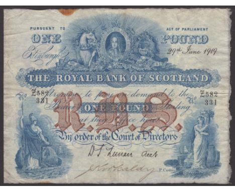 Royal Bank of Scotland, £1, 29 June 1919, serial number Z582/331, Lunan signature and one manuscript signature low right, sma
