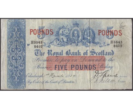 Royal Bank of Scotland, £5, 1 March 1934, serial number E3543/8402, Speed and one additional manuscript signature of Wilson a