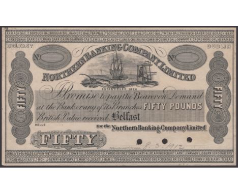 Northern Banking Company Limited, proof £50 on card, ND (c.1912), no serial number or signatures, three small cancellation ho