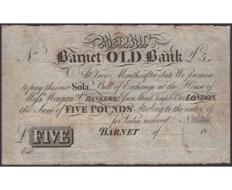 Barnet Old Bank, an unissued sola post bill for £5, 18-, no serial numbers or signatures, beautifully printed on watermarked 