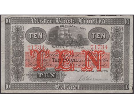 Ulster Bank Limited, £10, 1 October 1940, serial number 71734, manuscript  signature low right, original paper, pencil numera
