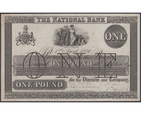 The National Bank, proof £1 on paper, 1 April 1876, no serial number or signatures, light mounting traces, pencil annotations