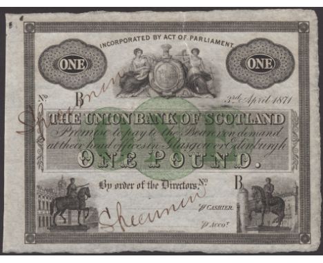 Union Bank of Scotland, specimen £1, 3 April 1871, no serial numbers or signatures, green value protector at centre, manuscri