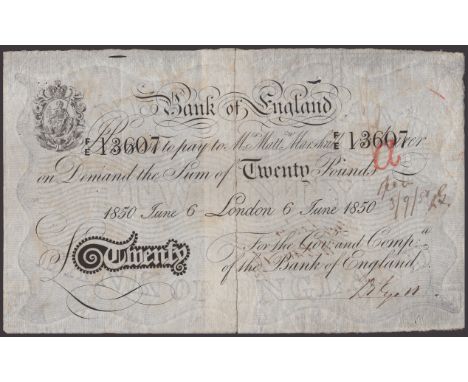 Bank of England, Matthew Marshall, £20, London, 6 June 1850, serial number F/E 13607, officially split and rejoined using a t