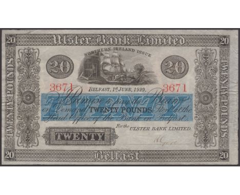 Ulster Bank Limited, £20, 1 June 1929, serial number 3671, manuscript Gore signature, a lovely example, good extremely fine a