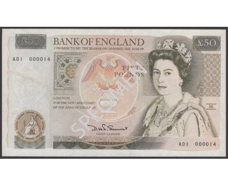 Bank of England, David H. F. Somerset, £50, 20 March 1981, serial number A01 000014, light handling and one corner bend, over