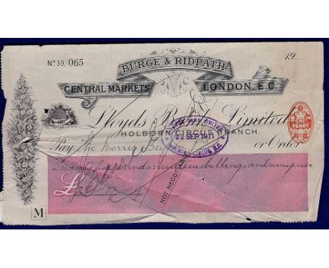 Paid Cheque on Lloyds Bank Ltd.,  Holborn Circus Branch for £25.19s.9d, 1911.  Interesting item.