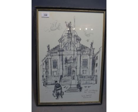 A pen and ink sketch of a church indistinctly signed, 48cm x 33cm.
